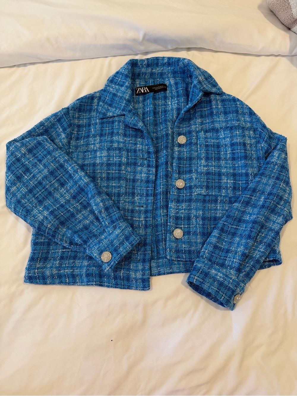 Zara Blue Tweed Cropped Blazer with Silver Buttons